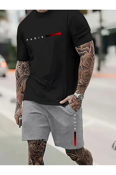 YOHO SPORT Paris Printed Oversize Unisex καλοκαιρινό μπλουζάκι και σορτς - Σετ 2 τεμαχίων