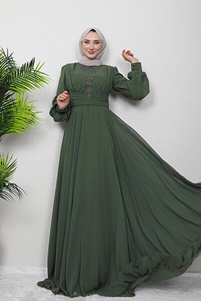 GİZ AGİYİM Light Khaki Wormwood Chiffon Stone Evening Dress