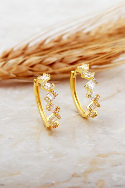 Sümer Telkari 22 Mm Baget Taşlı Asimetrik Altın Kaplama Gümüş Halka Küpe 7155