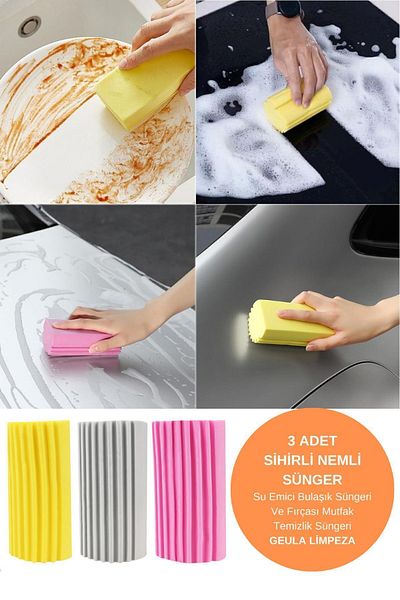 MN KRİSTAL 3Pcs Magic Moist Sponge Water Absorbing Dishwashing Sponge and Brush Kitchen Cleaning Sponge