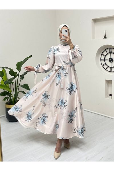 Modamorfo Silk Satin Dress - Blue with Tie-Up Sleeves and Lining