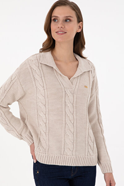 U.S. Polo Assn. Pulover cu guler polo crem melange pentru femei 50291574-VR159