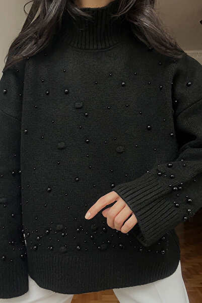 Seda Yalçın Atelier Siyah İnci Detaylı Yarım Balıkçı Triko Kazak
