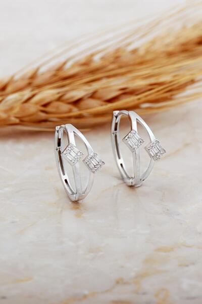 Sümer Telkari Baget Taşlı Tasarım Rodyumlu Gümüş Halka Küpe 7156