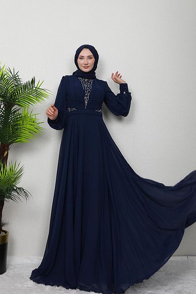 GİZ AGİYİM Wormwood Chiffon Stone Evening Dress Navy Blue