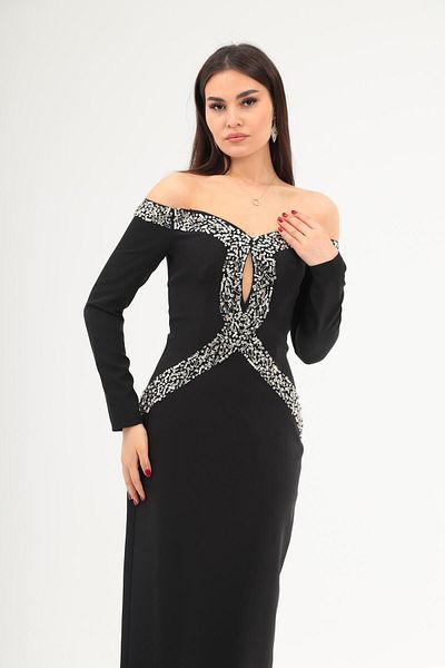 Aperla Heart Neck Low Shoulder Long Sleeve with Window Detail Embroidered Evening Dress