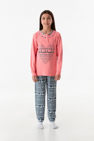 Fulla Moda Deer Printed Crew Neck Girl's Pajama Set