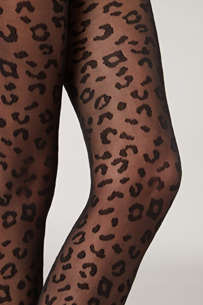 PJ & Me Super tanke čarape crne boje sa leopard uzorkom