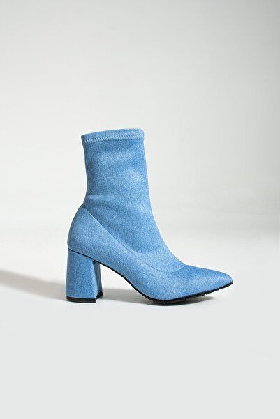 Gökçe Shoes Forga Streç Bilekten Kot Mavi Kadın Topuklu Bot