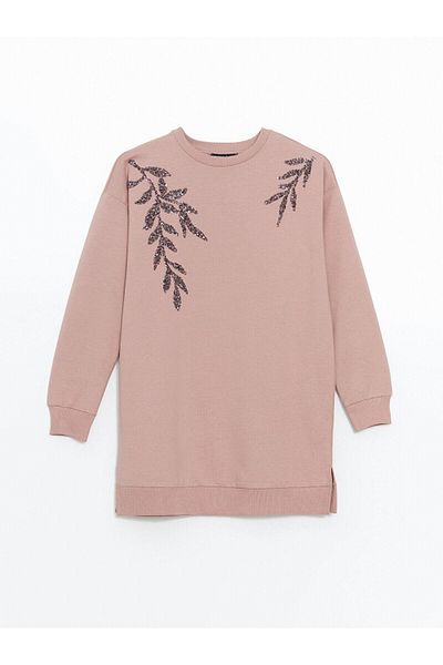 LC Waikiki Lcwaikiki Basic Crew Neck Sequin Embroidered Oversize Women's Sweatshirt Tunic