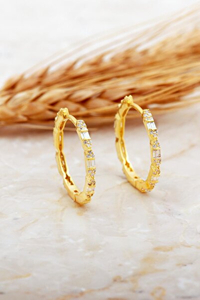 Sümer Telkari 24 Mm Baget Taşlı Tasarım Altın Kaplama Gümüş Halka Küpe 7158