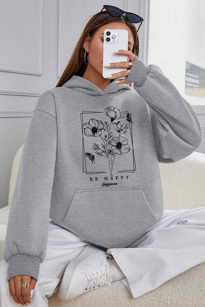 uyguntarz Be Happy bedrucktes, übergroßes Baumwoll-Sweatshirt
