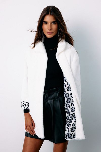 Sateen Leopard Lined Plush Coat - Ecru