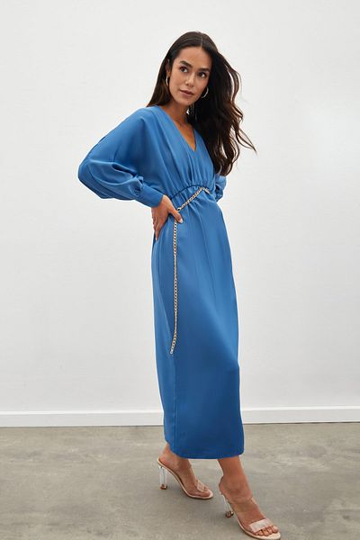 Sateen Satin Dress with Chain Belt - Indigo