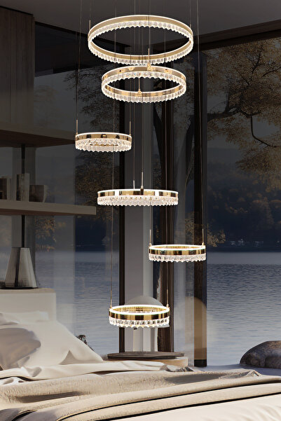 Apliqa Canel Gold 6 Katlı 485 Watt Kristal Taşlı Modern Led Sarkıt  Led Avize