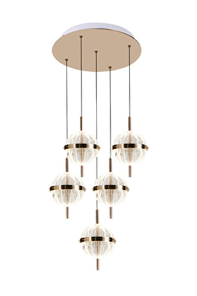 Apliqa Loret 5'li Yuvarlak 60 Watt Gold Krisatlli Modern Salon Oturma Odası Sarkıt Led Avize