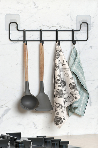 zabata Yapışkanlı Mutfak Askısı Siyah Metal Askılık  Duvar Askı Organizer Tezgah Üstü Düzenleyici