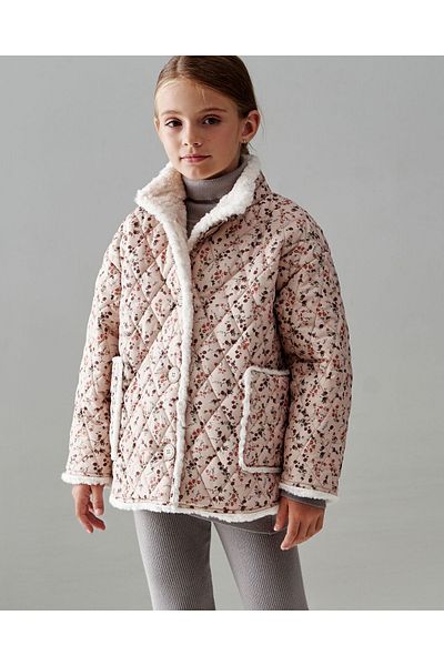 KAPROLLI 100% Cotton Girl's Fleece Fur Lined Quilted Detailed Inflatable Winter Coat Floral Print