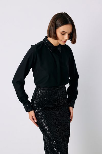 Sateen Classic Shirt with Sequin Detail - Black