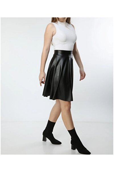 Lion Collection Black Faux Leather Flared Skirt