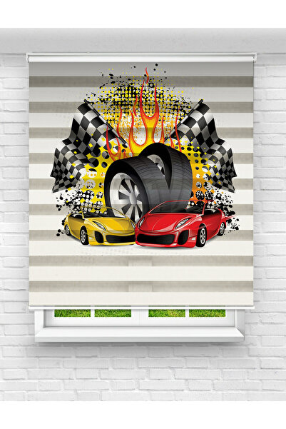 Mas Kırmızı Sarı Spor Arabalar Baskılı Zebra Perde | Çocuk Odası İçin