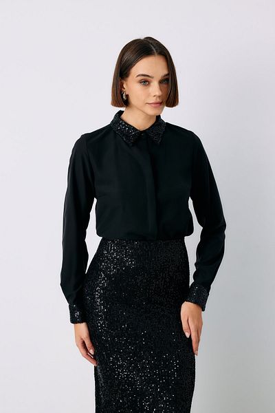 Sateen Classic Shirt with Sequin Detail - Black