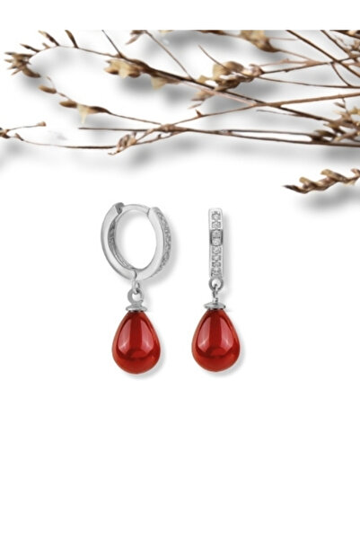 bymissmücevherat Şık Ve Zarif 925 Ayar Tamtur Kırmızı Mercan Taşlı Gümüş Küpe