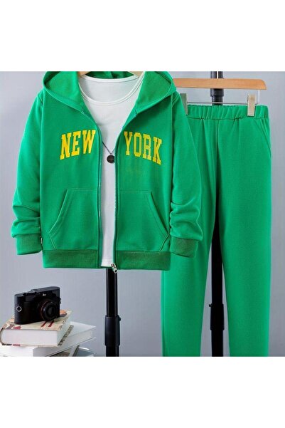 VESTIR BIEN Unisex New York Printed Green 3 Thread Jacket Tracksuit Set