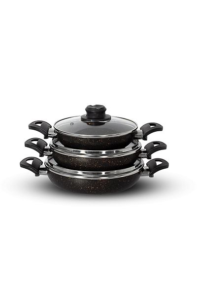 Dora Granitta 18 20 22 Cm 6 Piece Black Gold Lid Omelette/Sahan Pan Set