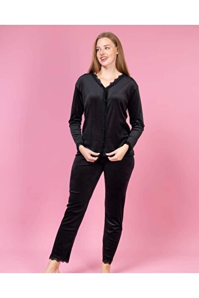 GOOD NİGHT Front Button Velvet Pajama Set