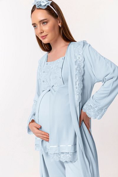 ByLohusa Set de pijamale de maternitate pentru gravide Effortt Blue Peignoir