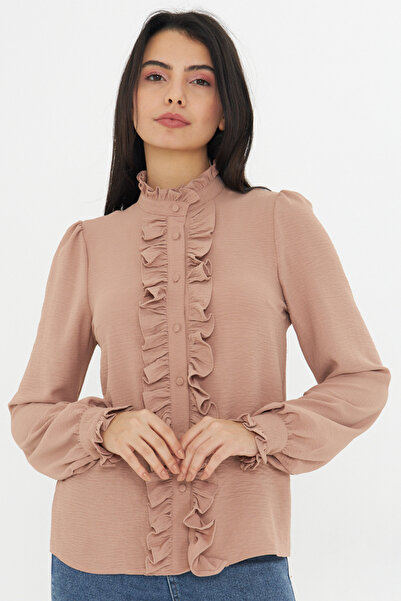 NO48 Ruffle Detail Judge Collar Long Sleeve Shirt