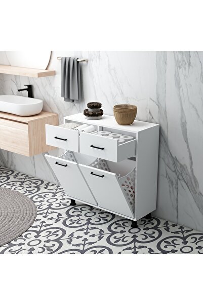 Home Mobiga Molde Çamaşır Kirli Sepetli Çekmeceli Banyo Dolabı Beyaz