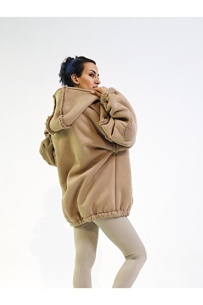 OCTO Handcraft Dışı Süet İçi Teddy Peluş Kapüşonlu Oversize Kanguru Sweat Mont