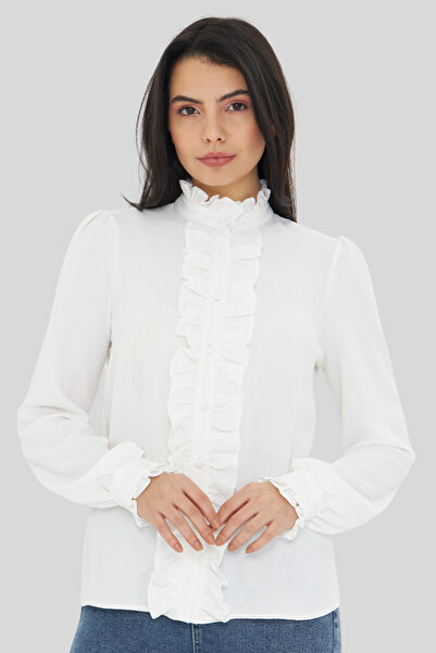 NO48 Ruffle Detail Judge Collar Long Sleeve Shirt