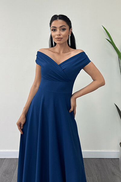 giyimmasalı Kayık Yaka Kiloş Elbise - Indigo