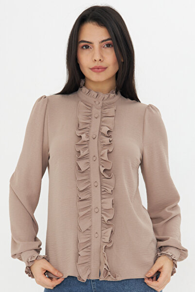 NO48 Ruffle Detail Judge Collar Long Sleeve Shirt
