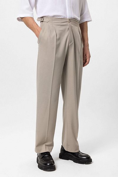 Antioch Beige High Waist Buckle Detailed Comfortable Fit Men's Pants