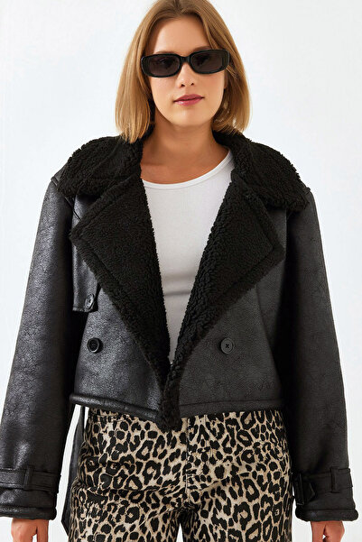 MissThetis Geniş Ceket Yakalı İçi ve Yakası Peluş Düğmeli Beli Kemerli Şık ve...