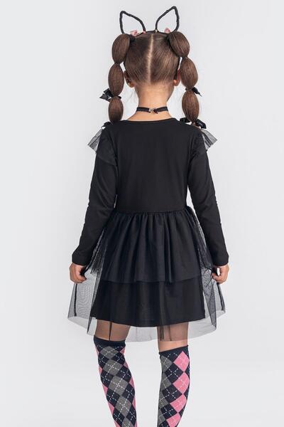 Minik Dolap Kuromi Girl's Long Sleeve Dress with Tulle Skirt - Black