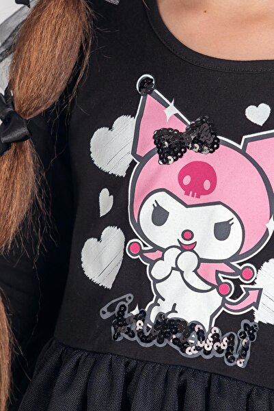 Minik Dolap Kuromi Girl's Long Sleeve Dress with Tulle Skirt - Black
