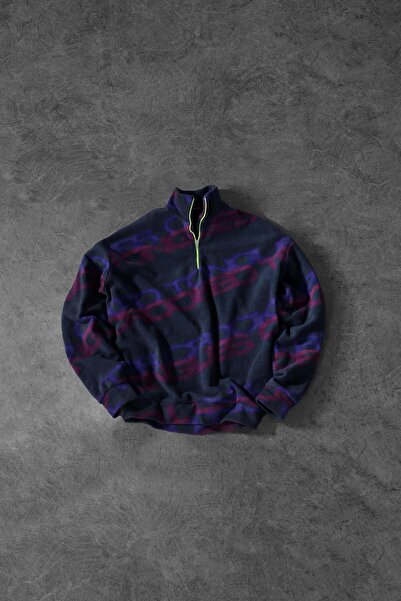 Slatra Men's Tongue Pattern Half Zipper Oversize Fleece Sweatshirt