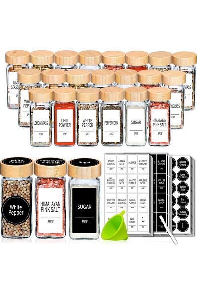ARVALE 12 Pcs Glass Spice Rack with Bamboo Lids Salt Shaker Pepper Shakers - Brush, Pen, Funnel and Label Gift