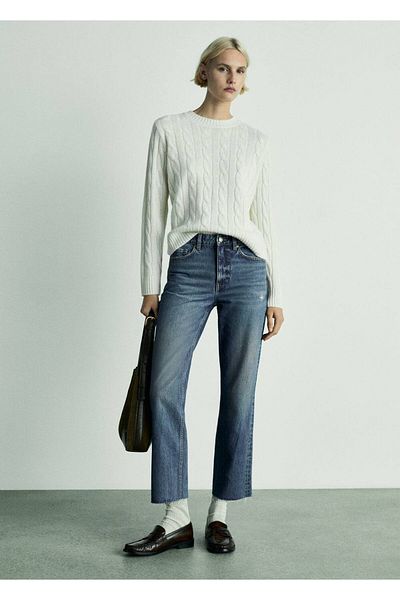 MANGO Woman Blugi crop albi cu tăietură dreaptă