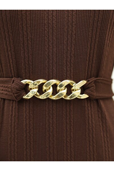 Modamorfo Lycra Stand Collar Long Dress - with Belt, Brown