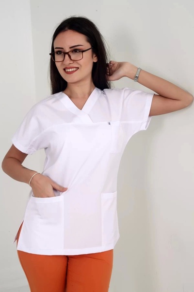 DENİZ İŞ Sea Business Women's Alpaca Envelope Collar White Color Teküst Scrubs