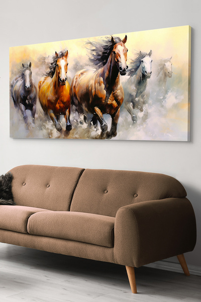 Evinemoda Kahverengi Koşan Atlar Tek Parça Kanvas - Canvas Tablo