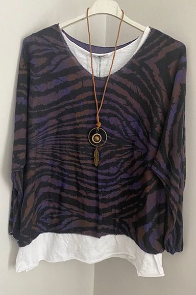 AYASOFYA OTANTIK Purple Zebra Print Cotton Knitwear Blouse with Necklace - Long Sleeve, Sleeveless Lingerie, 2-Piece Set