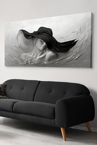 Evinemoda Siyah Şapkalı Kadın Yağlı Boya Görünümlü Tek Parça Kanvas - Canvas Tablo