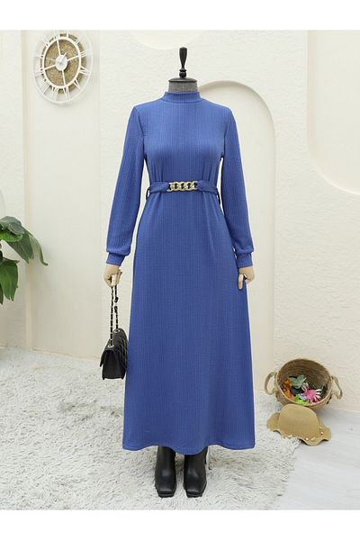 Modamorfo Indigo Lycra μακρύ φόρεμα - με γιακά και λεπτομέρεια ζώνης